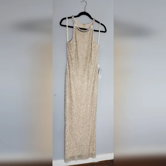 Mac Duggal BEADED SLEEVELESS HIGH NECK COLUMN GOWN size 10  Nude Silver - Picture 5 of 15